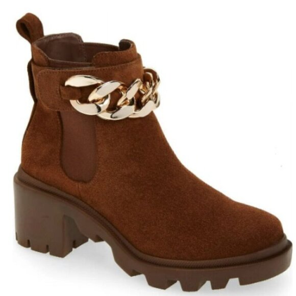 NWOT Steve Madden Amulet C-Chain Lug Sole Bootie Chestnut Suede Size 10 - Picture 1 of 16